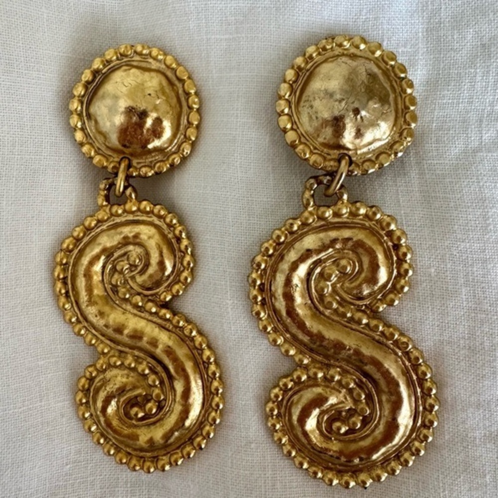 Rare Edouard Rambaud Paris Gold S Scroll Drop Clip On Earrings